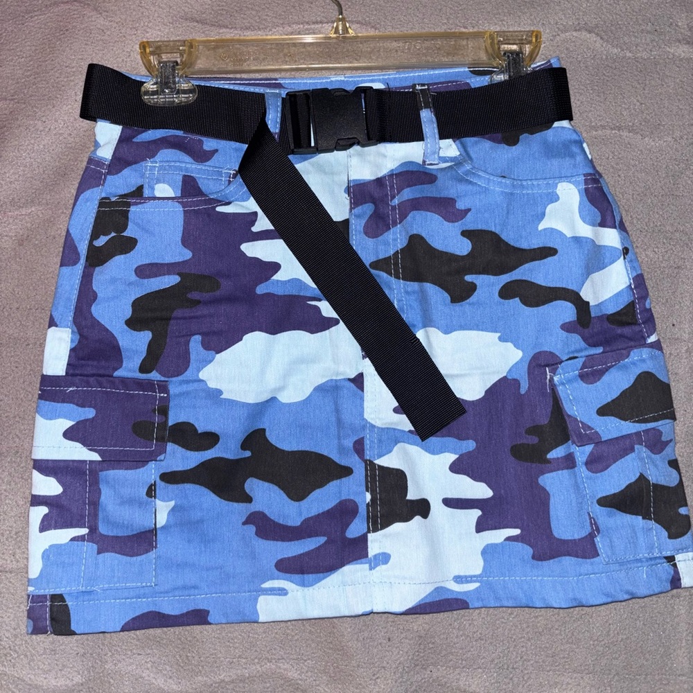 Blue Camouflage Mini Skirt with Belt